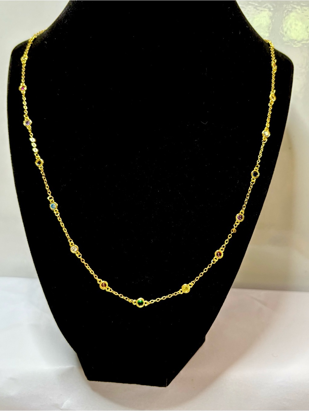 18k Gold Plated Multi-Stone Station Necklace; 24-26 inches